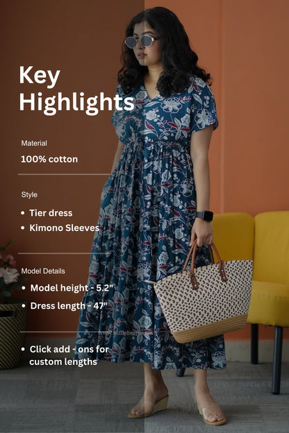 Iris Peacock Blue Cotton A-Line Dress