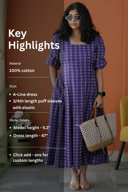 Iris Violet Cotton A-Line Dress