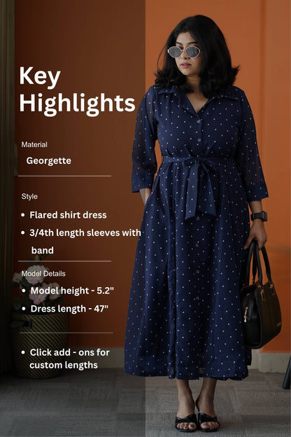JunaLuv Dark Blue Georgette Flared Shirt Dress